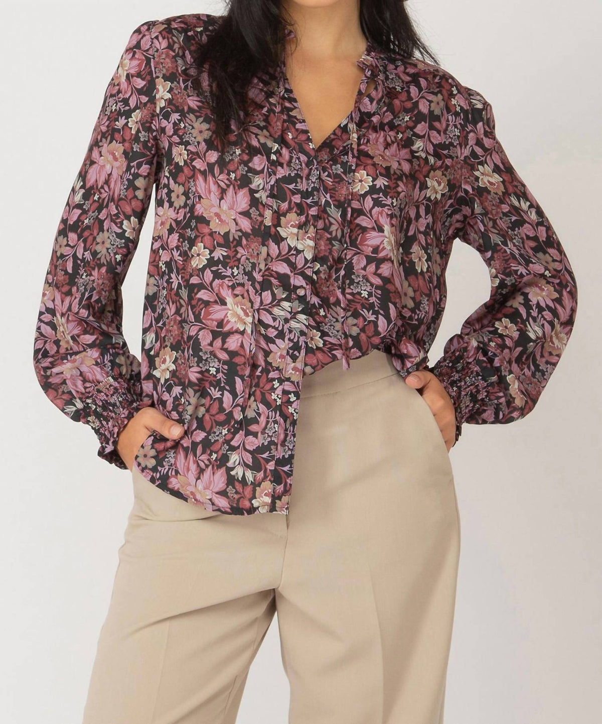 Black Tape - Fall Floral Ruffle Detail Tie Front Blouse