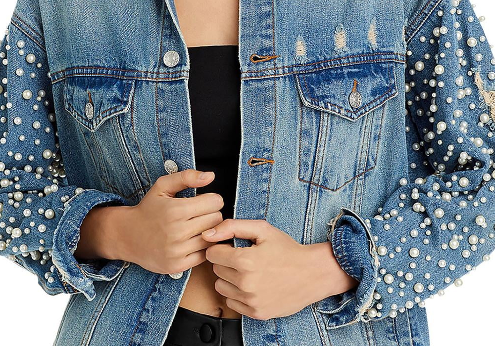 Exclusive Embellished Distressed Denim Jacket Blue