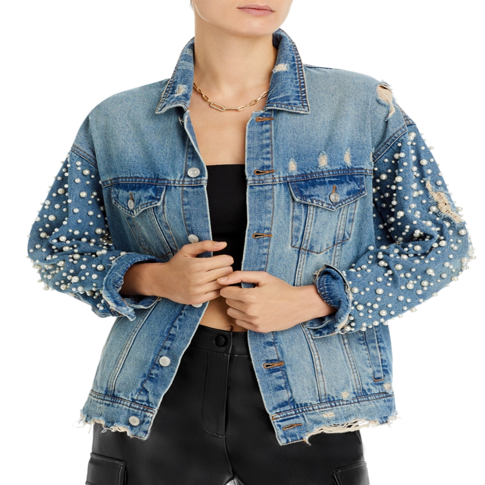 Exclusive Embellished Distressed Denim Jacket Blue
