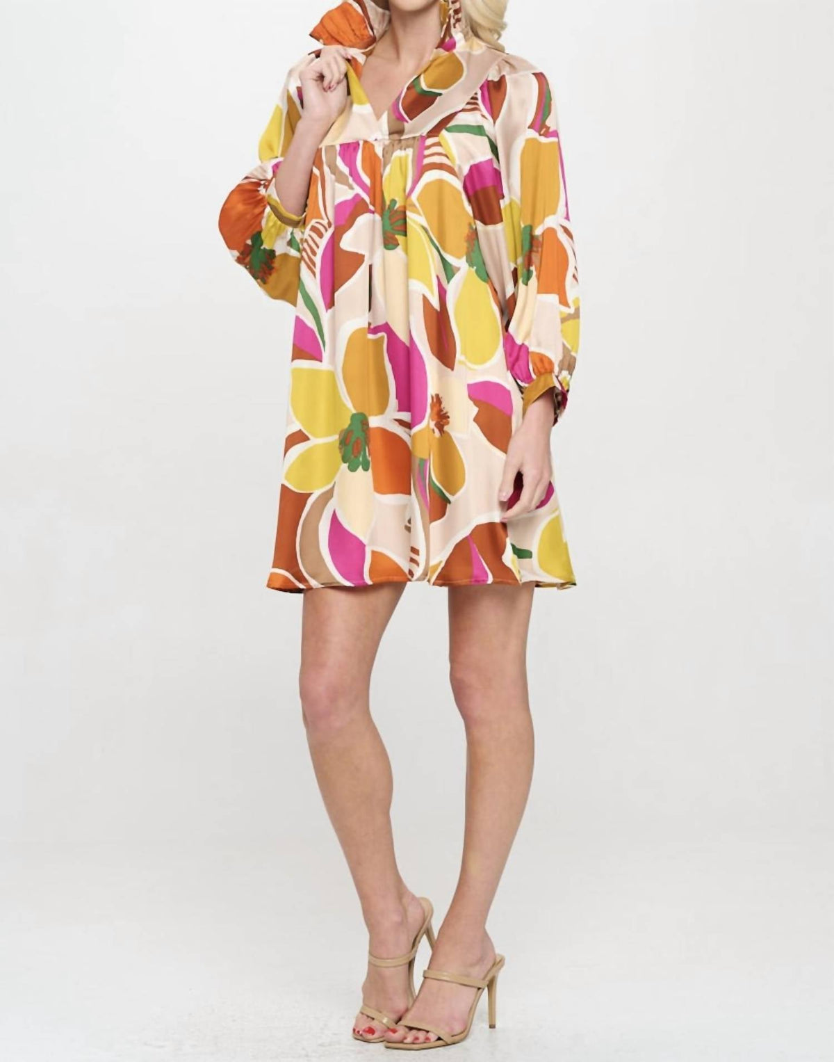 Adrienne - High Ruffle Neck Silky Dress