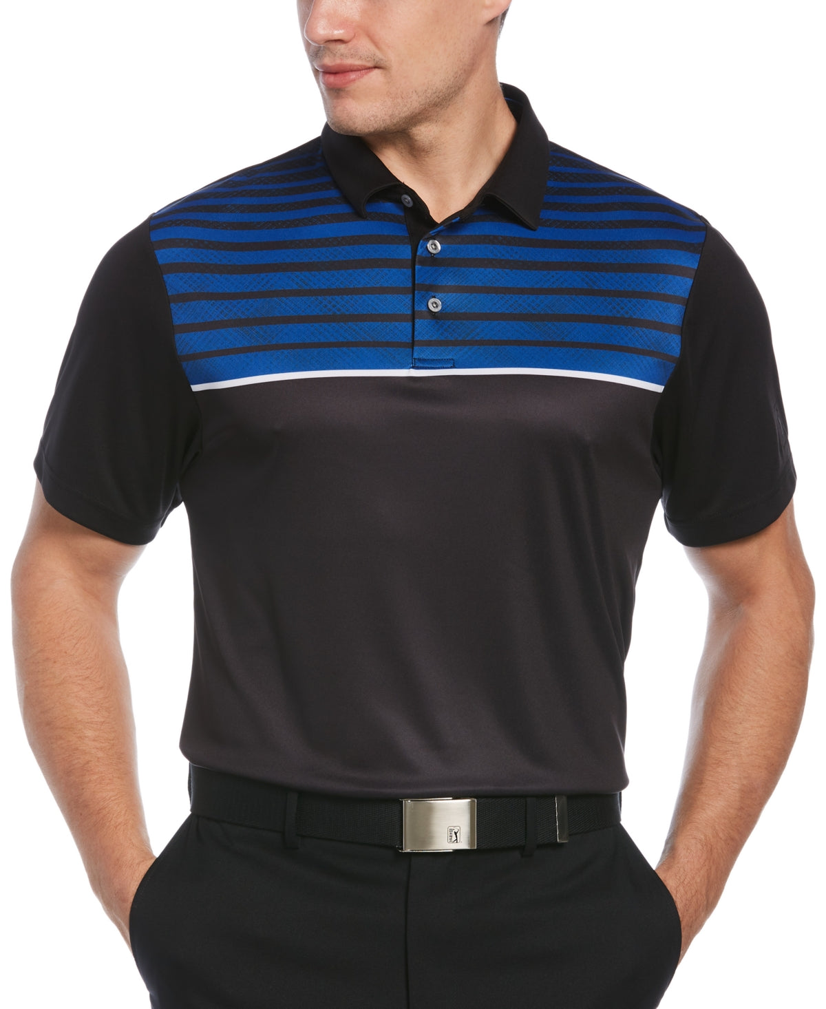 PGA Tour Men's Athletic Fit Geo Stripe Print Performance Golf Polo Shirt Black Size Small