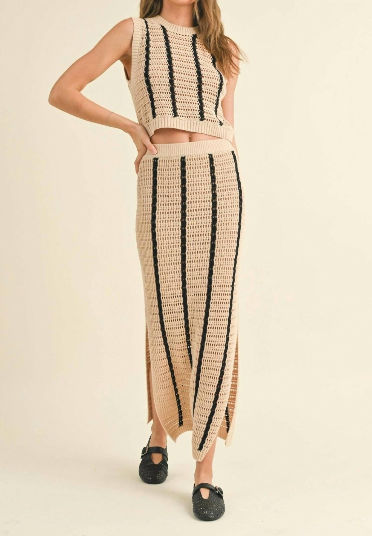Miou Muse - Striped Pattern Crochet Knitted Long Maxi Skirt