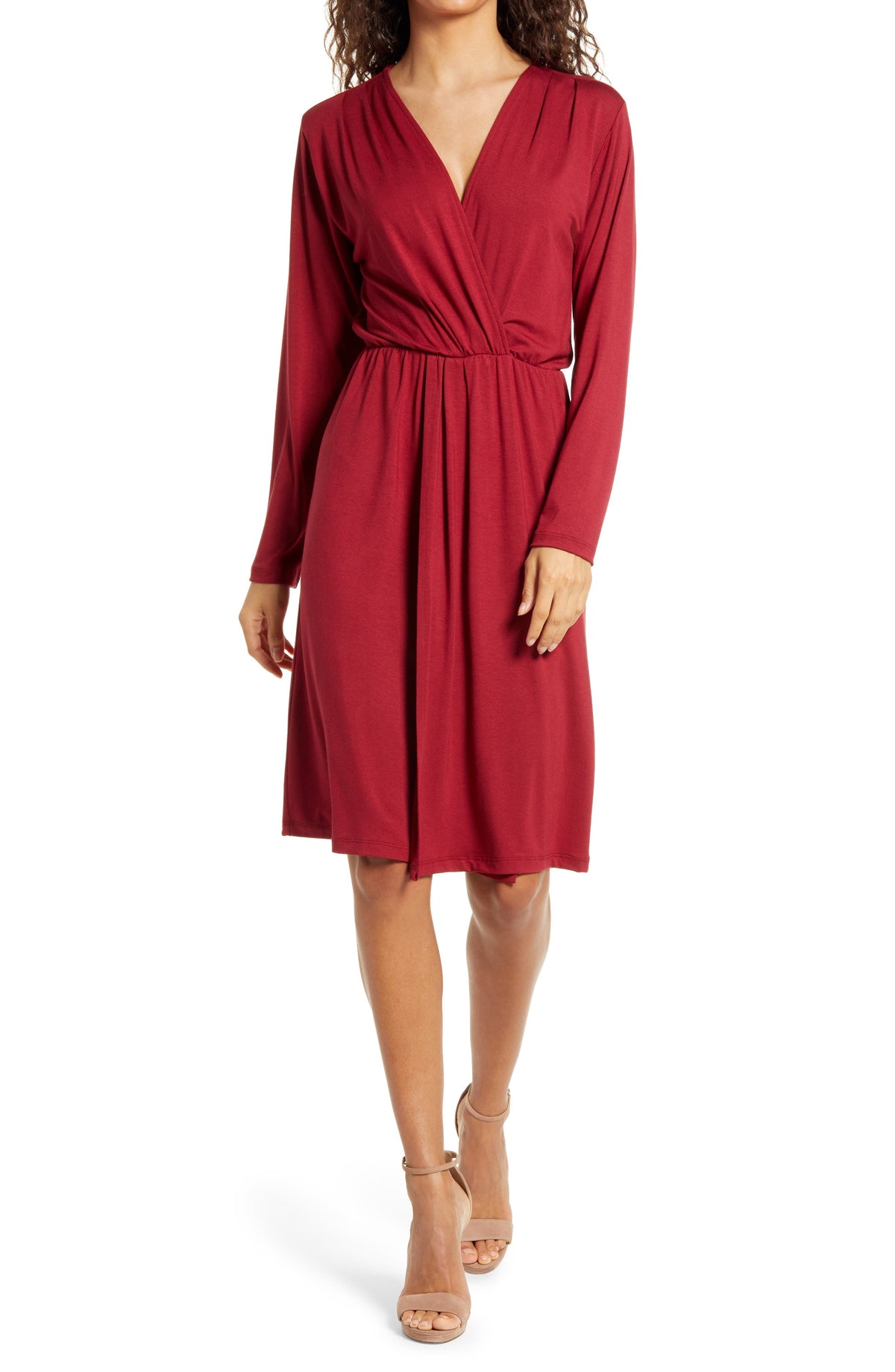 womens-fraiche-by-j-long-sleeve-faux-wrap-dress-size-medium-red