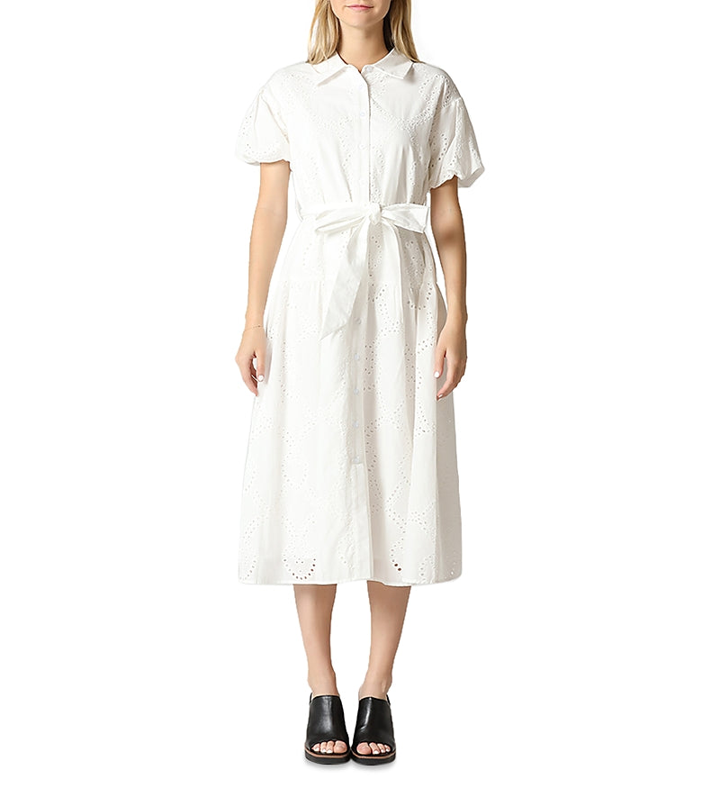Gracia Eyelet Cotton Tie Waist Midi Dress