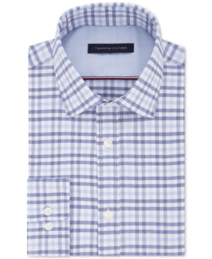 TOMMY HILFIGER Mens Blue Check Collared Classic Fit Stretch Dress Shirt M 15- 34/35