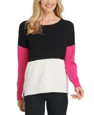 DKNY Women's Colorblock Ribbed Trim Crewneck Sweater Black Size S