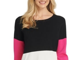 DKNY Women's Colorblock Ribbed Trim Crewneck Sweater Black Size S