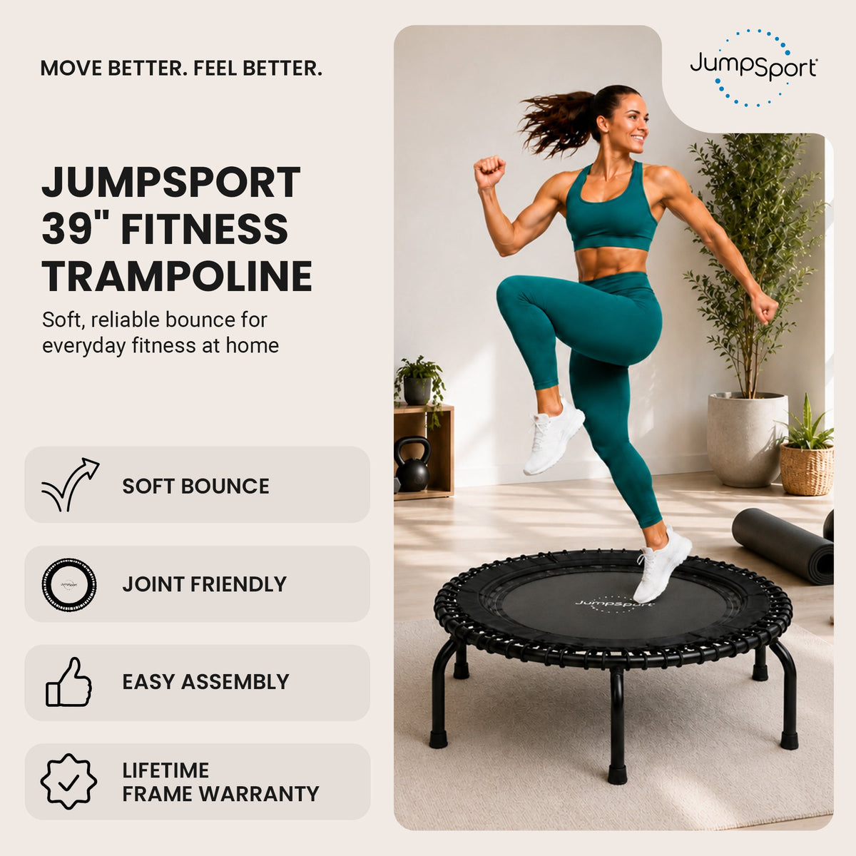 JumpSport 370 Home Gym 39" Heavy Duty Fitness Trampoline with 4-In-1 DVD, Black