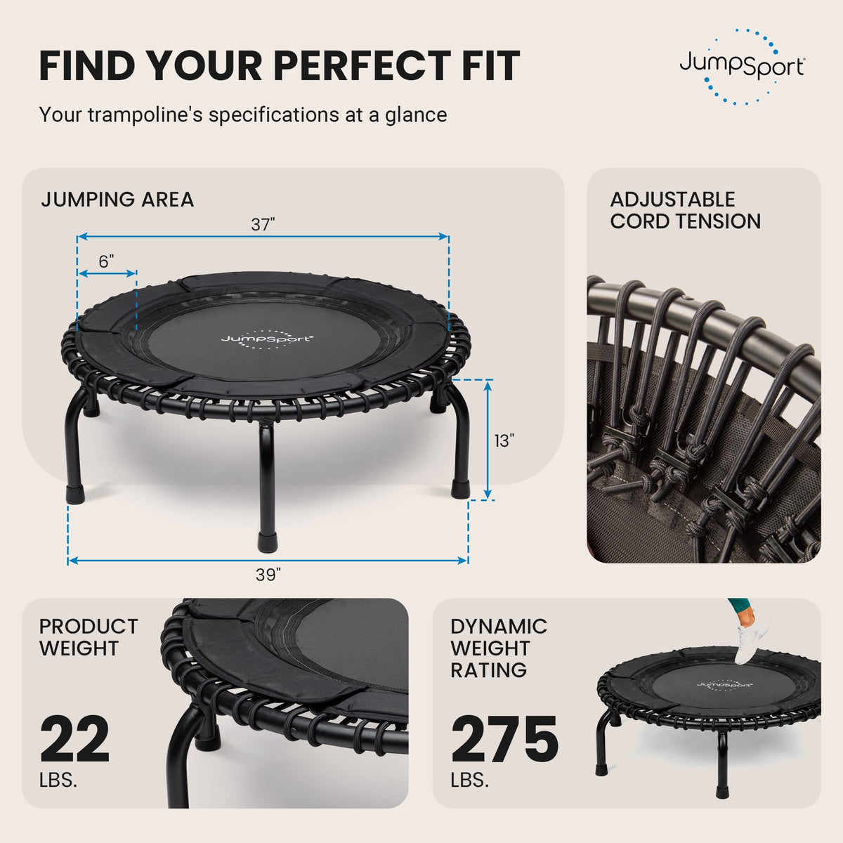 JumpSport 370 Home Gym 39" Heavy Duty Fitness Trampoline with 4-In-1 DVD, Black