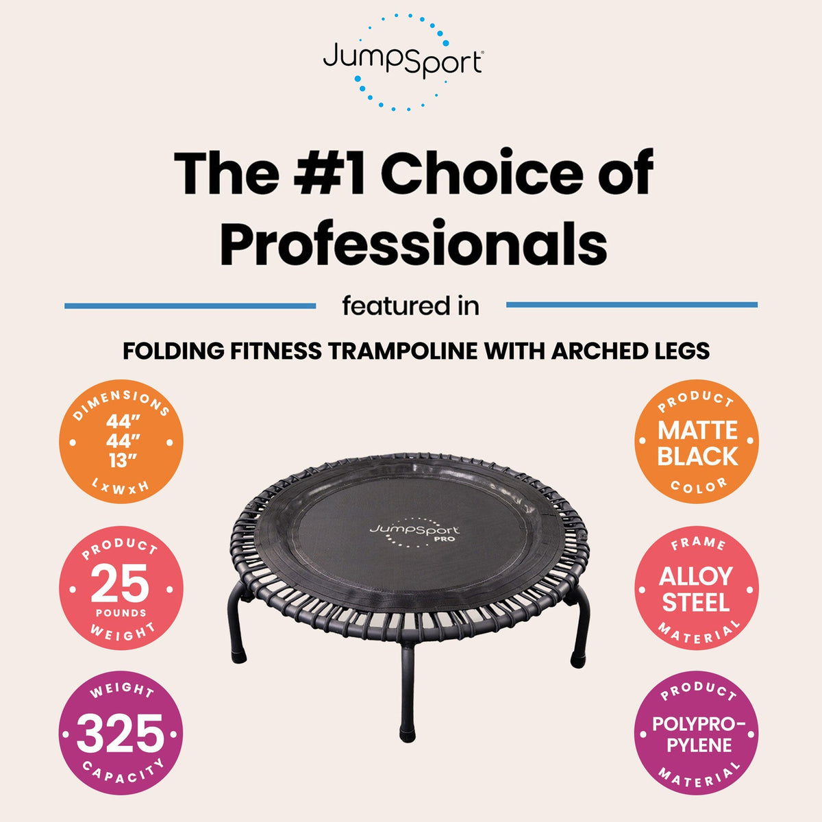 JumpSport 550f PRO Indoor Lightweight 44 Inch Folding Fitness Trampoline, Black