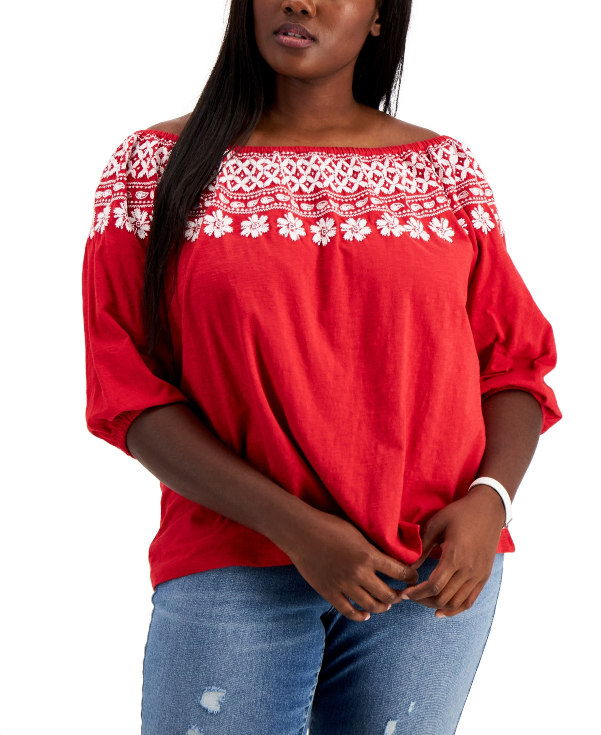 Tommy Hilfiger Women's Off The Shoulder Embroidered Top Red