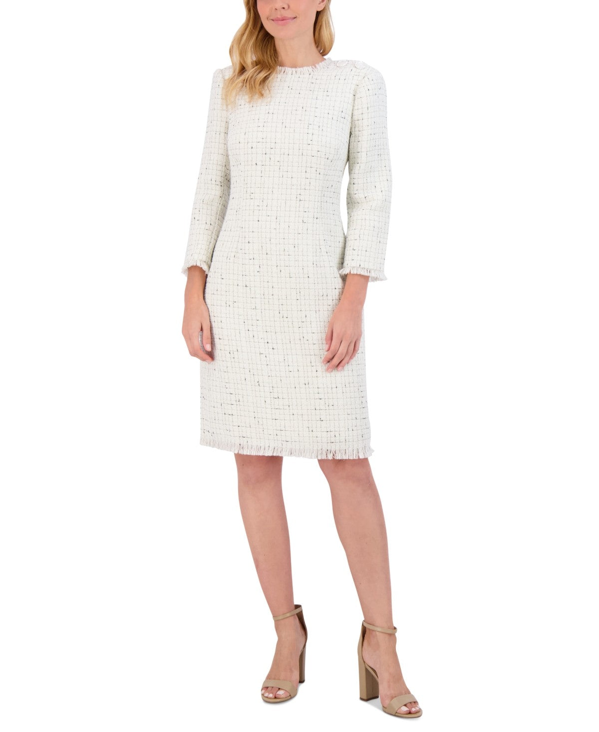 Eliza J Womens Fringe Trim Boucle Tweed Sheath Dress Ivory