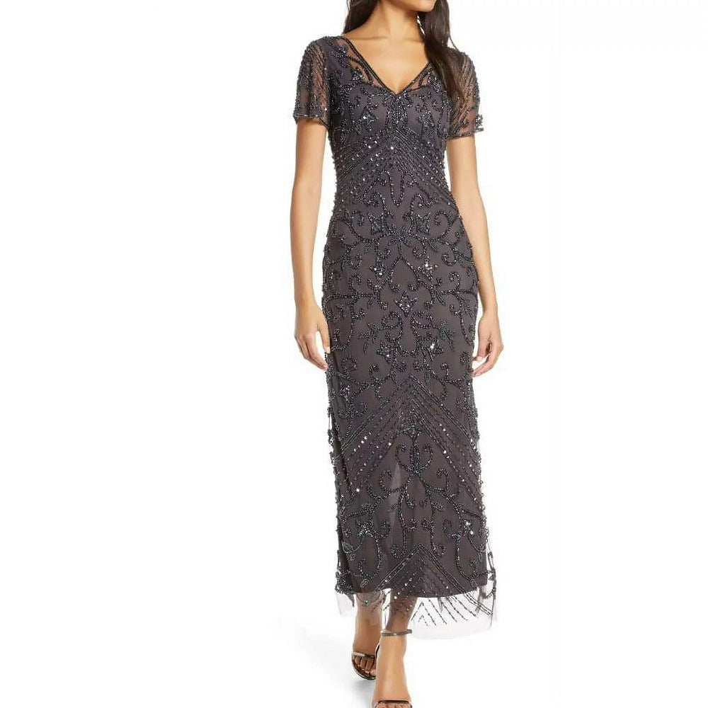 Pisarro Nights Beaded Mesh Column Gown in Slate Size 12