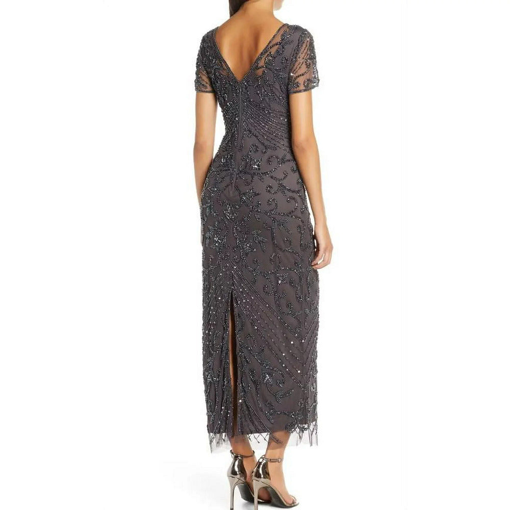 Pisarro Nights Beaded Mesh Column Gown in Slate Size 12
