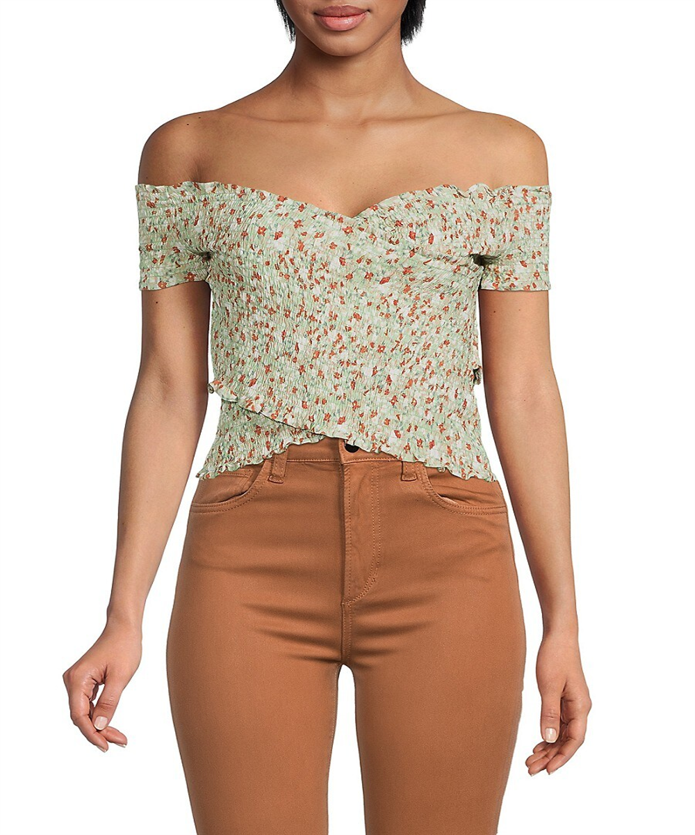 BB Dakota Women's Light Sage Off the Shoulder Smocked Crop Top Size Large
