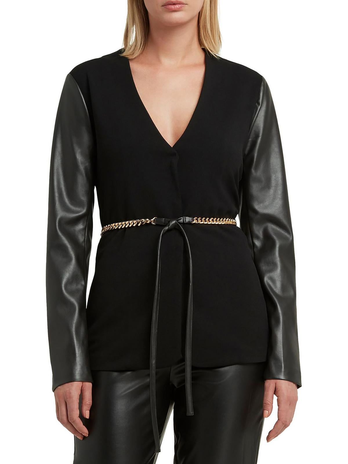 H Halston Women's Collarless Faux Leather Sleeve Belted Blazer Black Size Small
