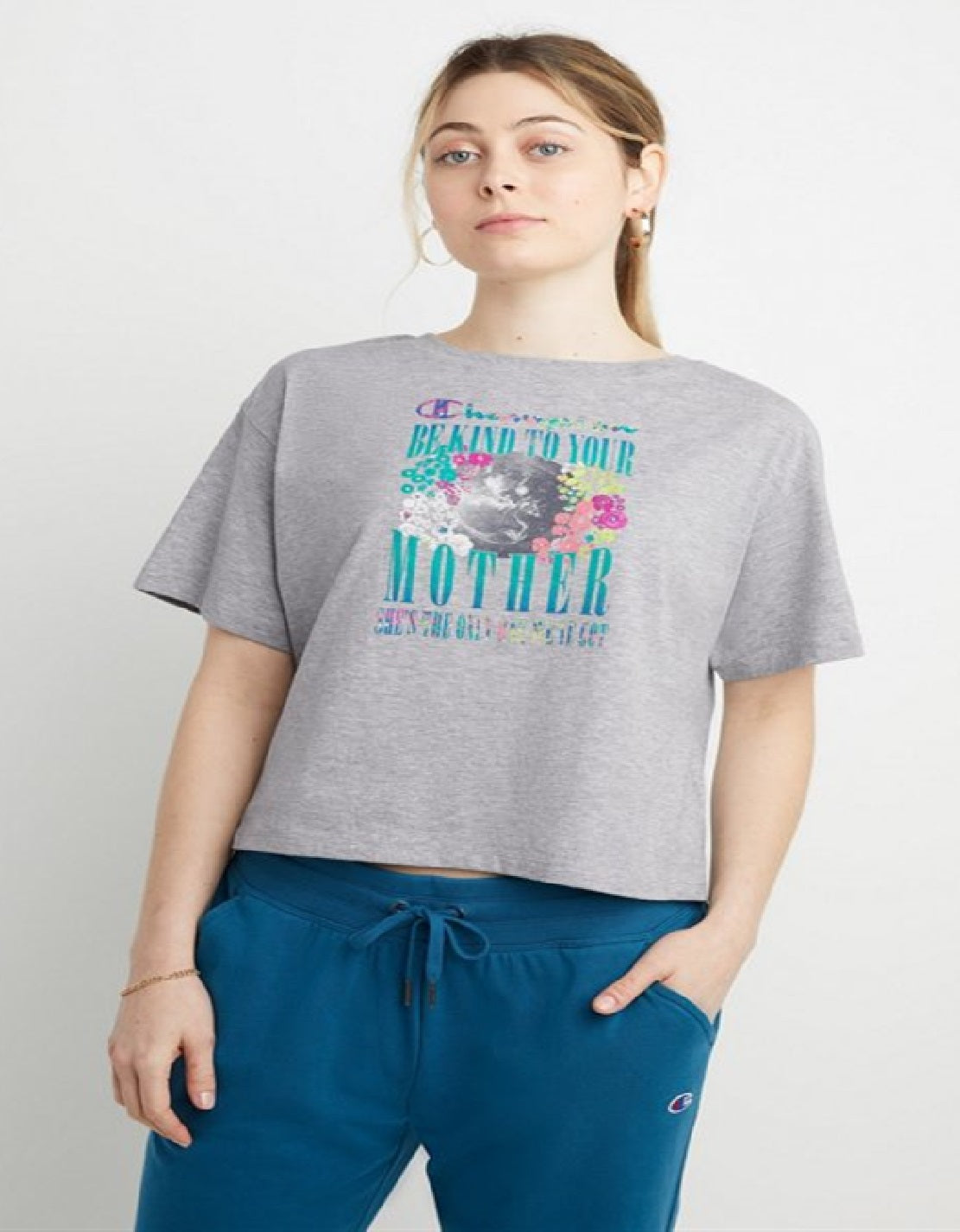 Champion Women's Graphic Cropped Short Sleeve T-Shirt Gray Size Large