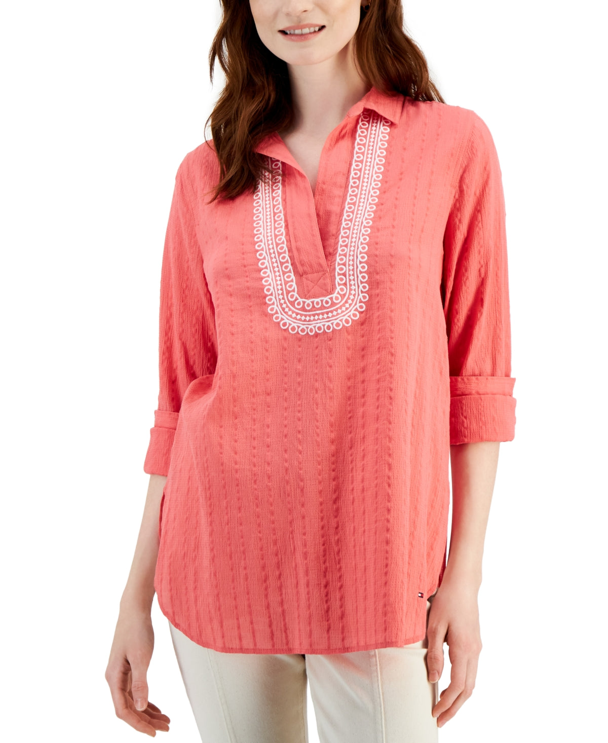 Tommy Hilfiger Women's Embroidered Textured Tunic Top Orange Size Large