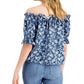 Tommy Hilfiger Women's Off The Shoulder Floral Print Top Blue Size Large