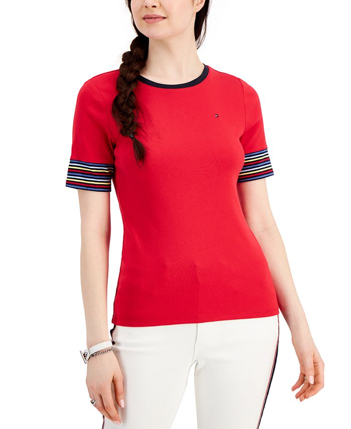 Tommy Hilfiger Women's Cotton Striped Sleeve T-Shirt Red Size X-Large