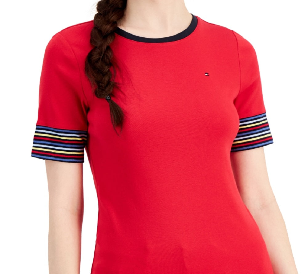 Tommy Hilfiger Women's Cotton Striped Sleeve T-Shirt Red Size X-Large