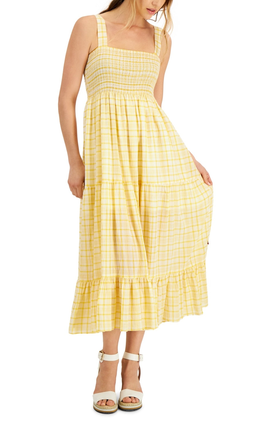 Tommy Hilfiger Women's Plaid Tiered Sleeveless Dress Yellow Size Medium