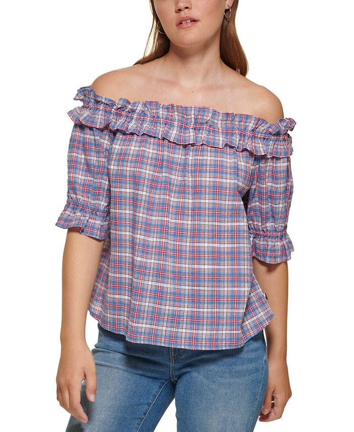 Tommy Hilfiger Women's Plaid Off The Shoulder Top Blue Size X-Large