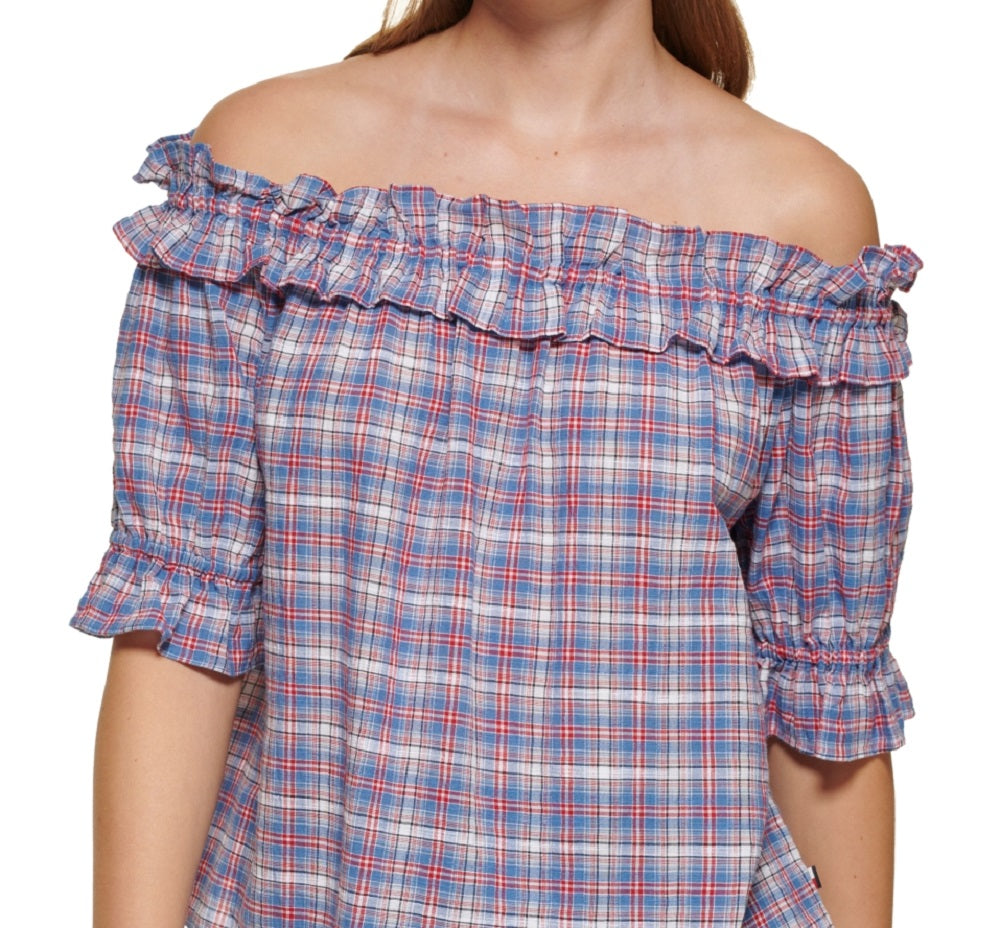 Tommy Hilfiger Women's Plaid Off The Shoulder Top Blue Size X-Large
