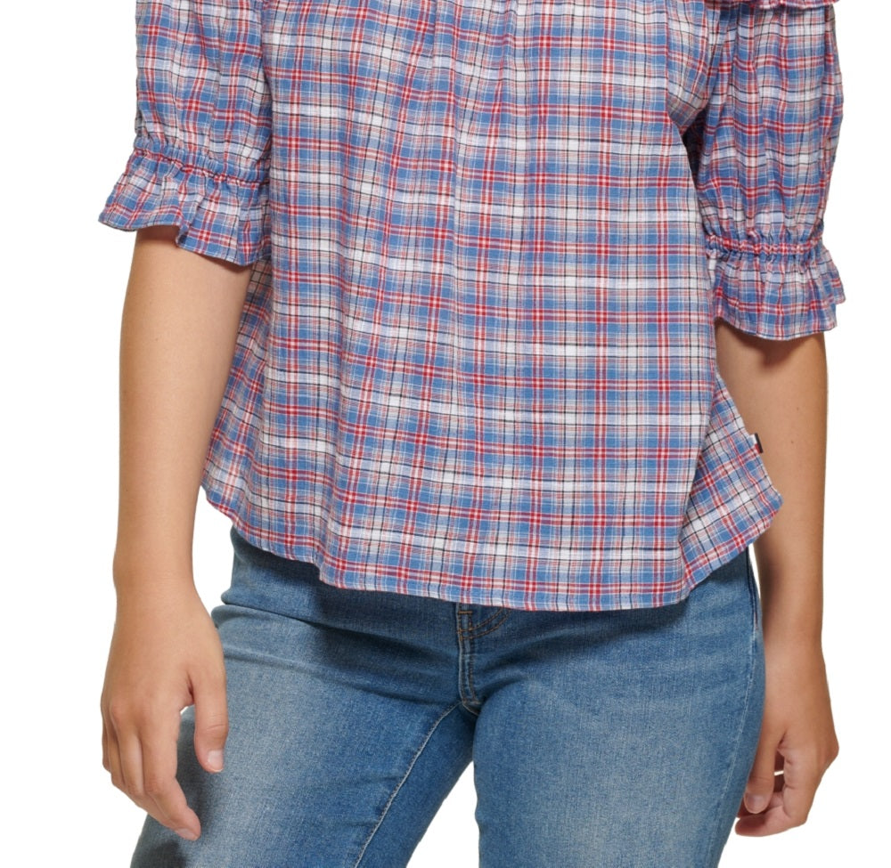 Tommy Hilfiger Women's Plaid Off The Shoulder Top Blue Size X-Large