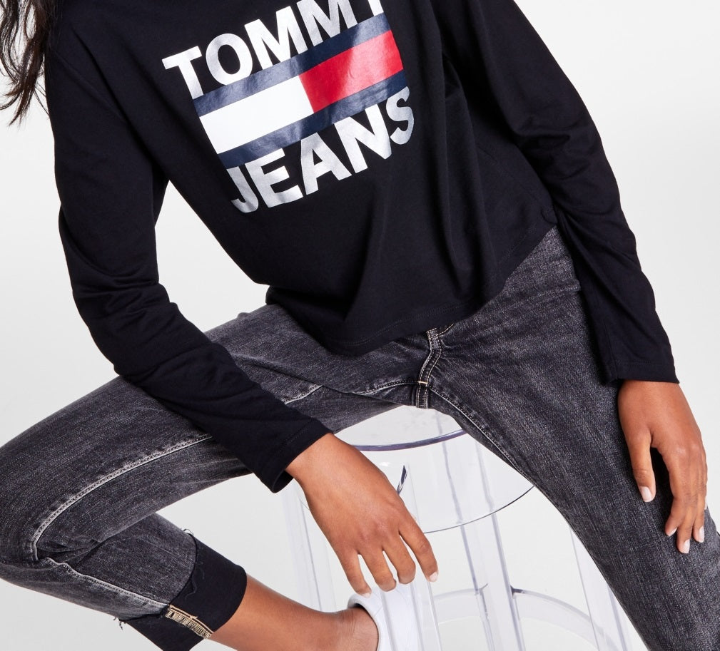 Tommy Jeans Women's Cotton Logo Graphic Top Black Size Large