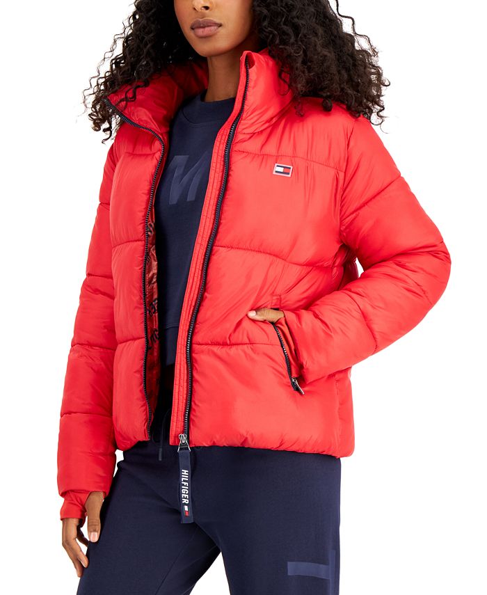 Tommy Hilfiger Women's Sport Thumbhole Cuff Puffer Jacket Red Size X-Large