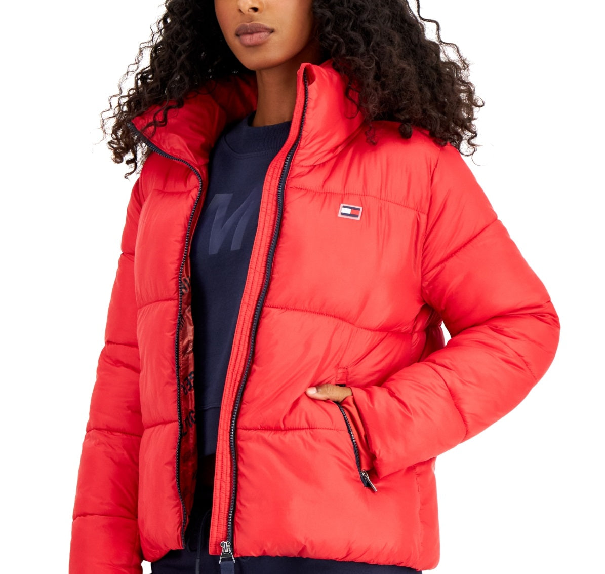 Tommy Hilfiger Women's Sport Thumbhole Cuff Puffer Jacket Red Size X-Large