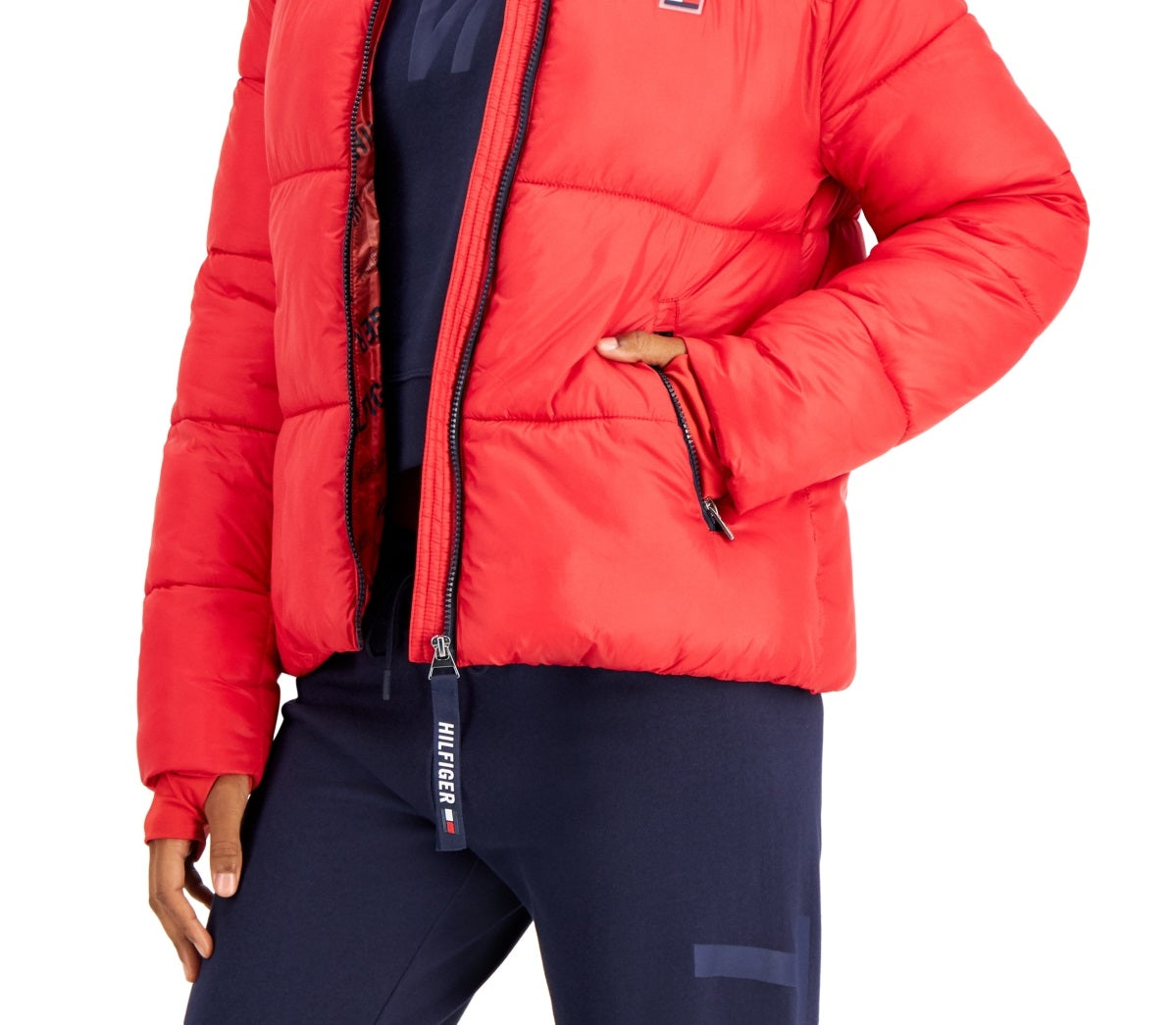 Tommy Hilfiger Women's Sport Thumbhole Cuff Puffer Jacket Red Size X-Large