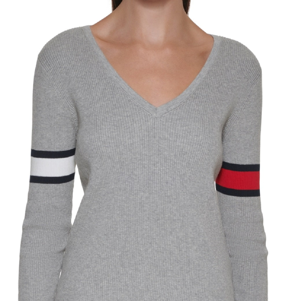 Tommy Jeans Women's Cotton V Neck Flag Sleeve Sweater Gray Size Large