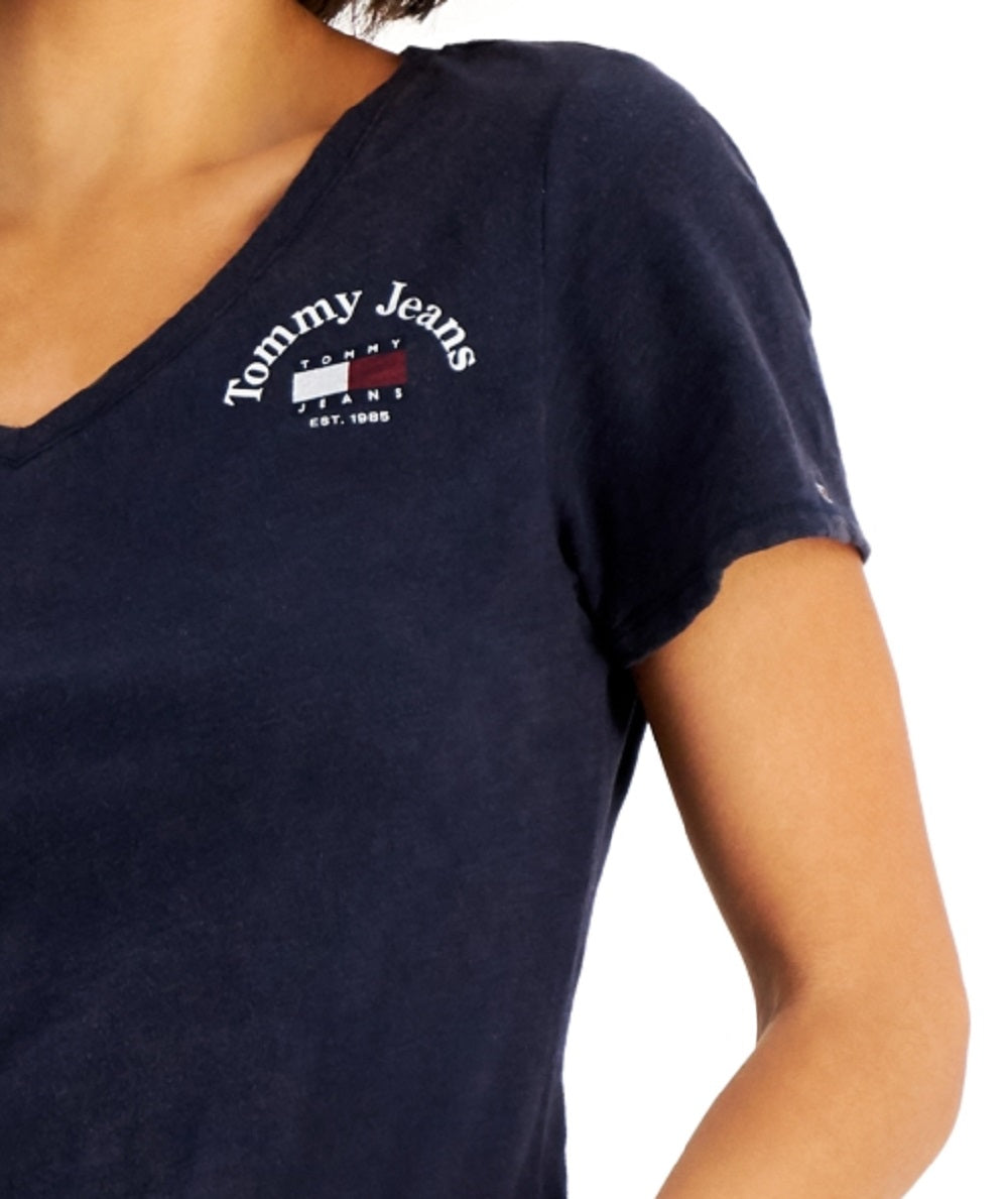 Tommy Jeans Women's Cotton V Neck Logo T-Shirt Blue Size X-Large