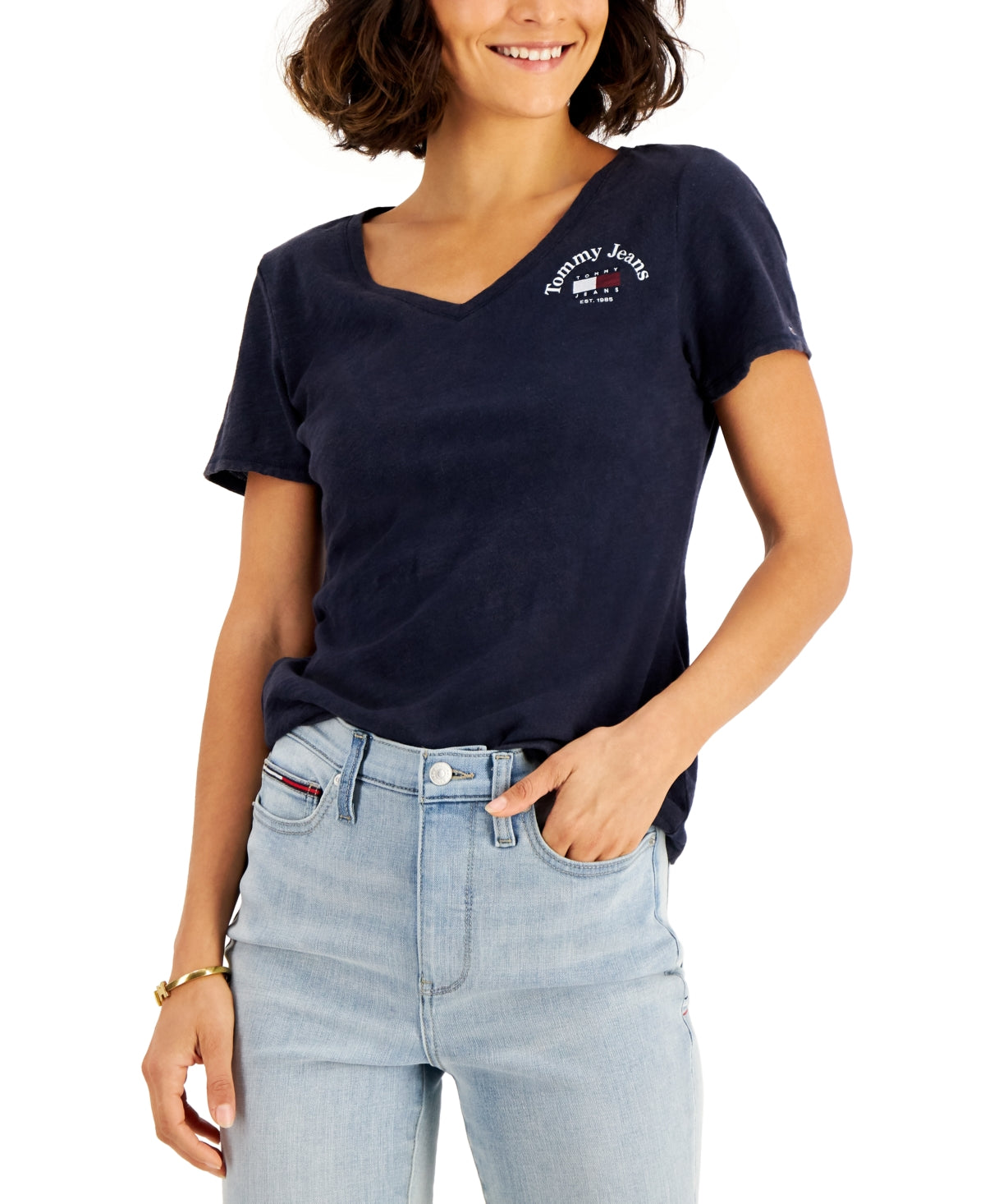 Tommy Jeans Women's Cotton V Neck Logo T-Shirt Blue Size X-Large