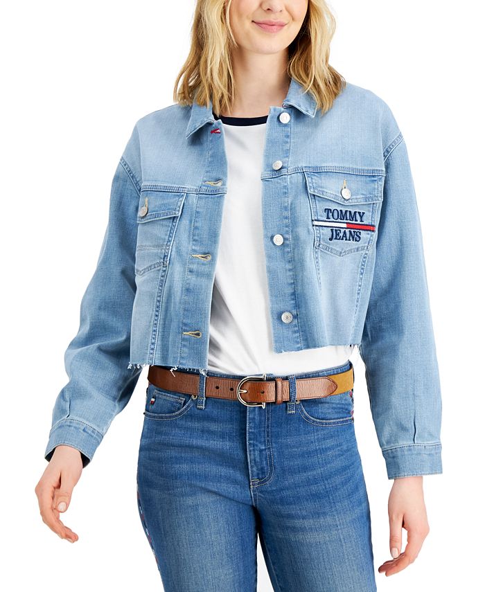 Tommy Jeans Women's Frayed Hem Logo Pocket Trucker Jean Jacket Blue Size Medium