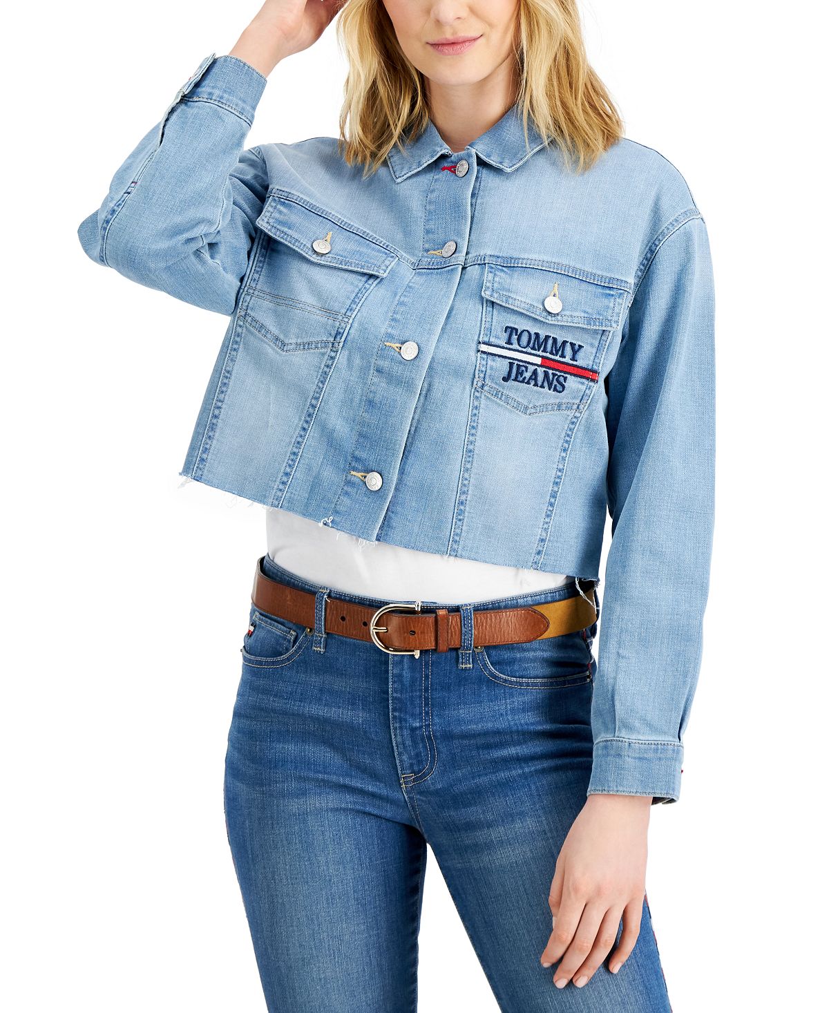 Tommy Jeans Women's Frayed Hem Logo Pocket Trucker Jean Jacket Blue Size Medium