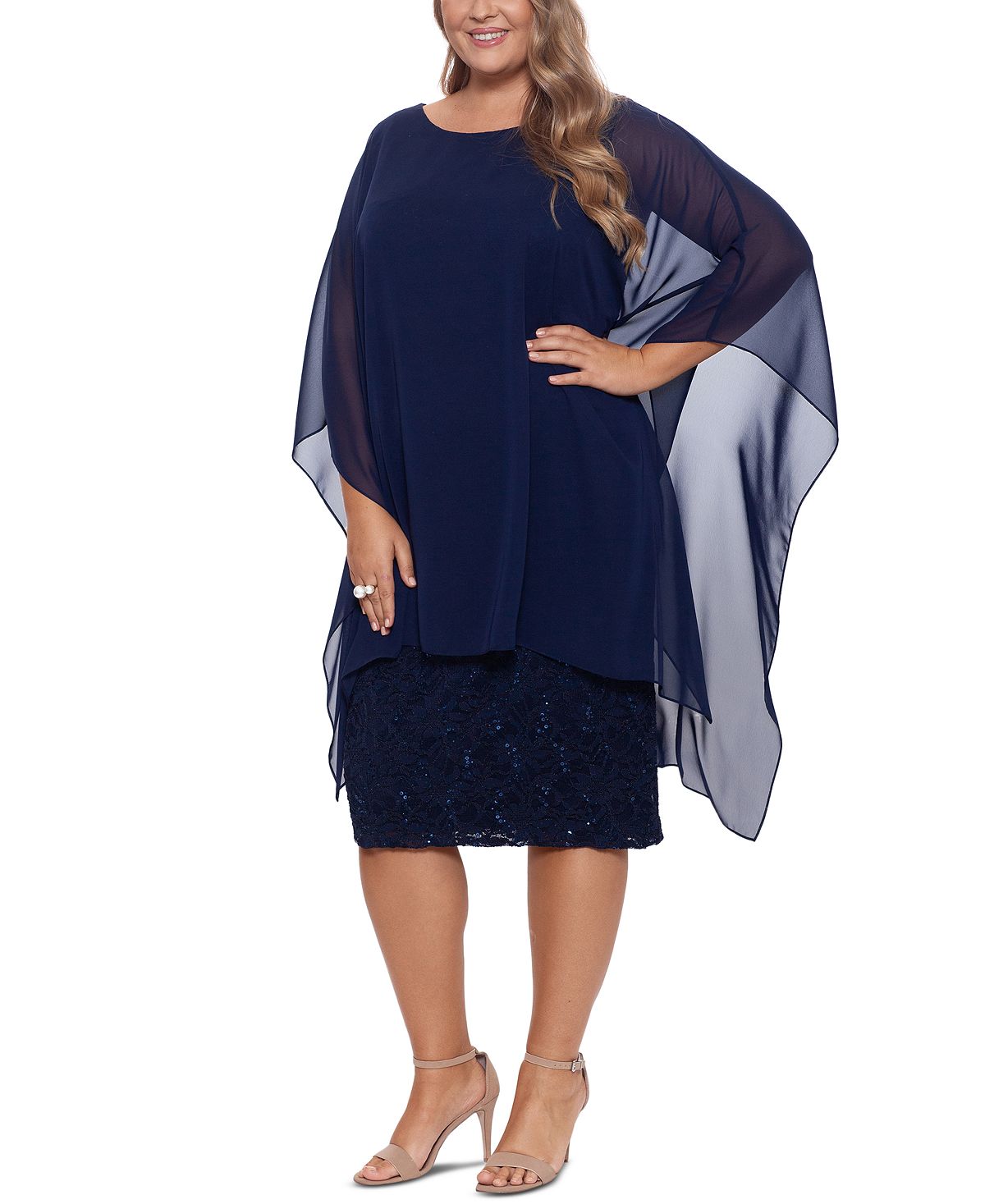 Betsy & Adam Women's Chiffon Overlay Sequin Lace Dress Blue Size 18W