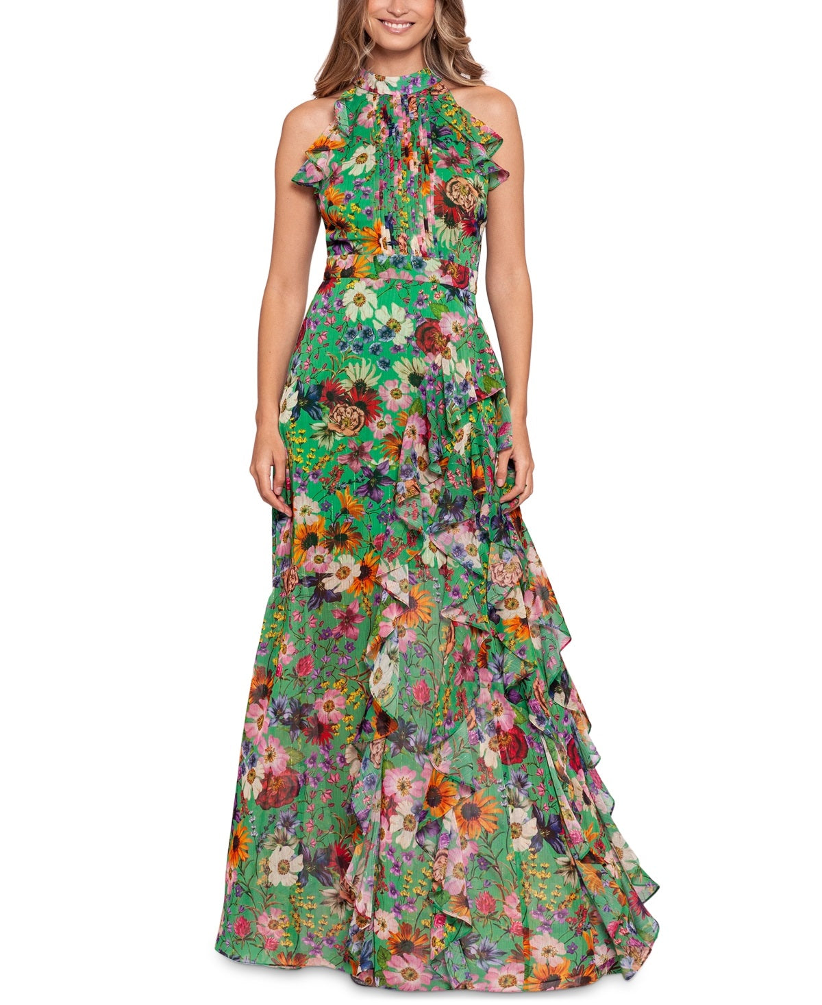 Betsy & Adam Women's Floral Print Ruffled Halter Gown Green Size 2