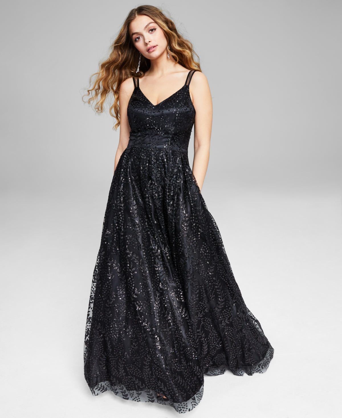Blondie Nites Junior's Glitter Illusion Strap Mesh Ball Gown Black Size 7