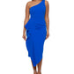 Betsy & Adam Women's One Shoulder Ruffled Midi Dress Blue Size 14