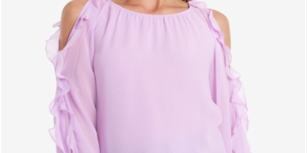 1.STATE Women's Ruffled Cold Shoulder Long Sleeve Scoop Neck Top Pink Size Large