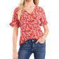 CeCe Women's Ruffle Sleeve Front Button Blouse Red Size Small