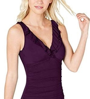 Ralph Lauren Women's Beach Club Solid Ruffle Surplice One Piece Purple Size 16