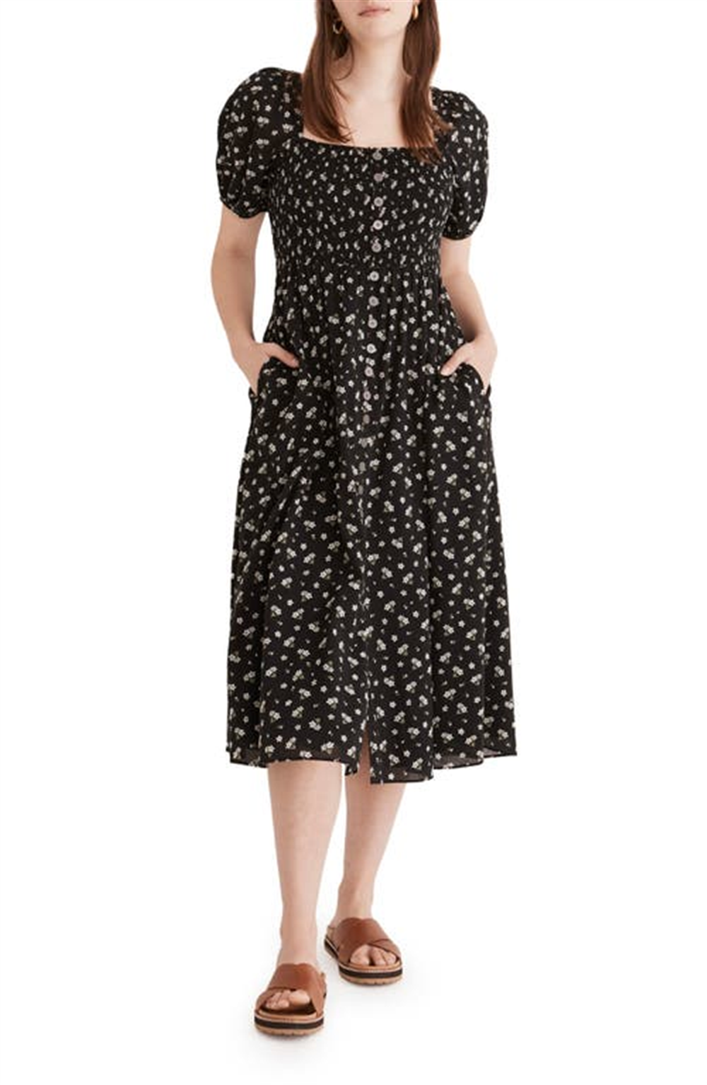 Madewell Smocked Square Neck Cotton Blend Dress in Ditsy Floral True Black Size Large