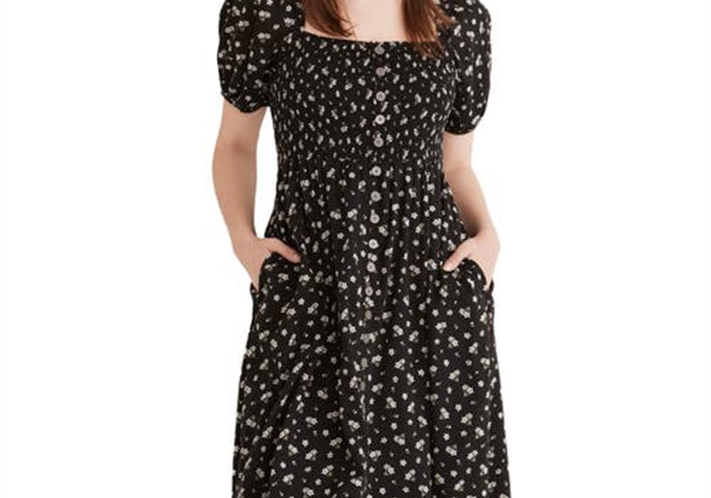 Madewell Smocked Square Neck Cotton Blend Dress in Ditsy Floral True Black Size Large