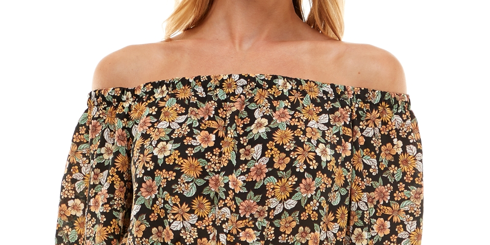 Ultra Flirt Junior's Off The Shoulder Floral Print Top Black Size Medium