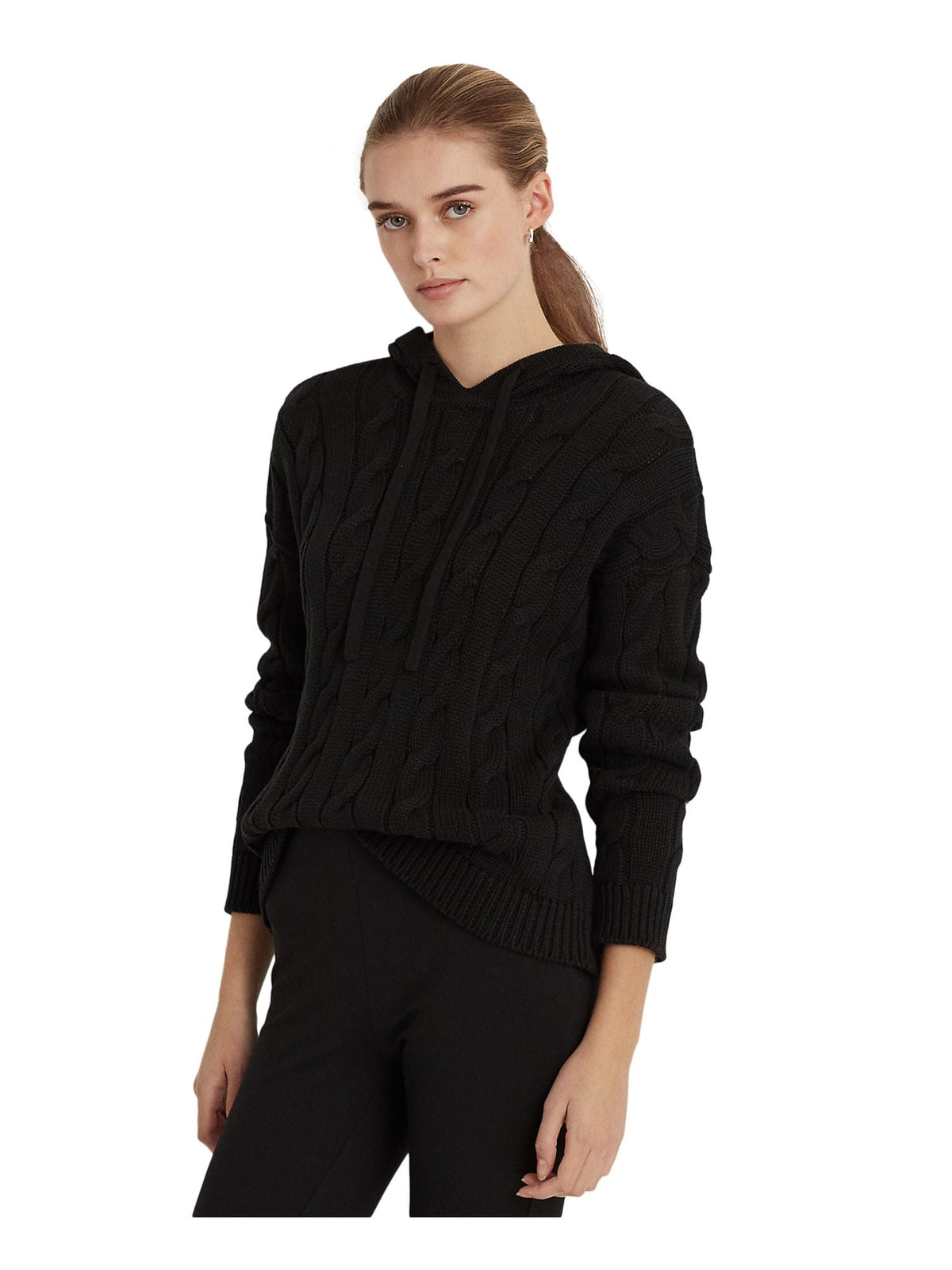 Ralph Lauren Women's Ribbed Drawstring Long Sleeve Hoodie Sweater Black Size Large