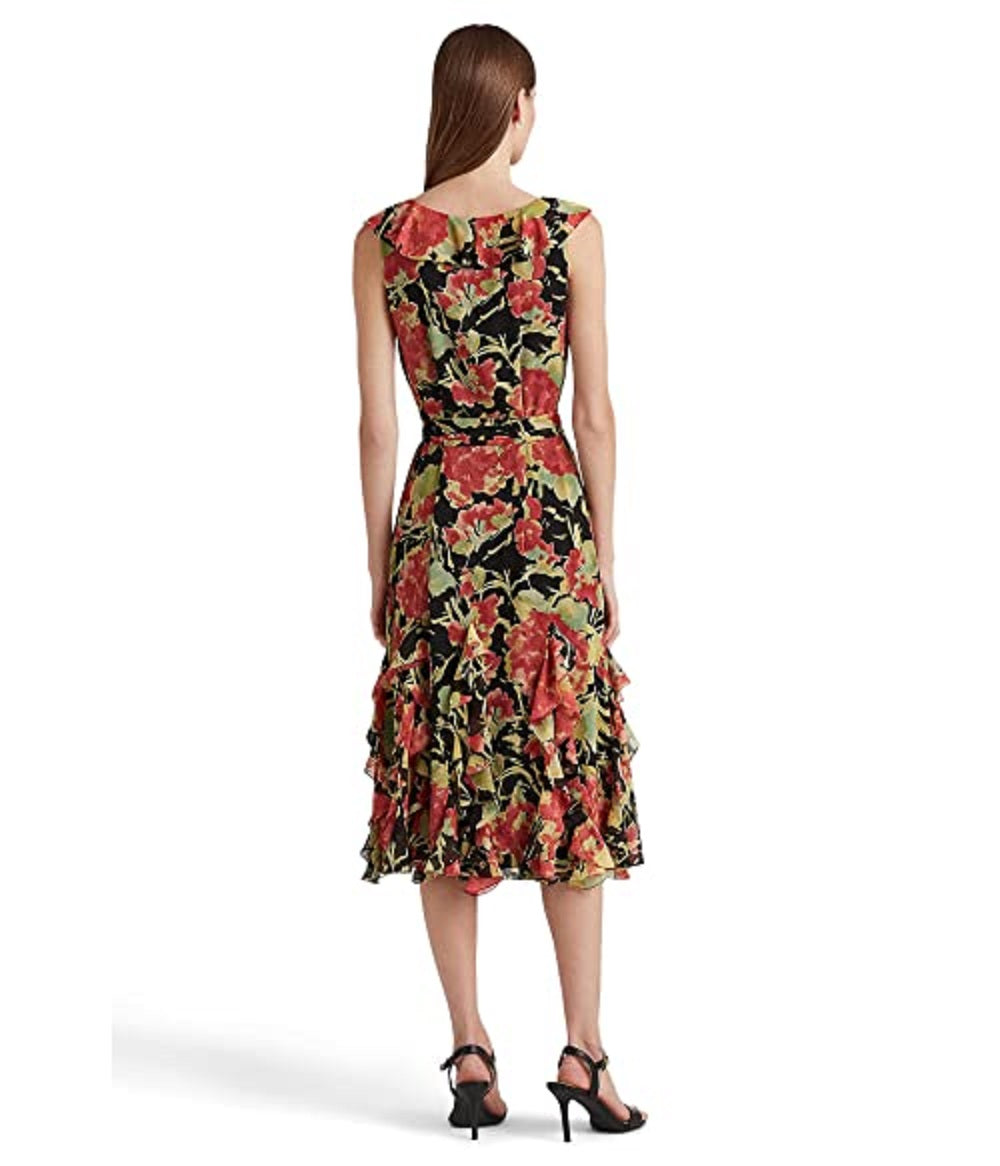 Ralph Lauren Women's Floral Crinkle Georgette Dress Black Size 14